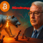 A focused James Chanos studies a cracking steel bear glowing with warm light beside bold Bitcoin and MicroStrategy logos against bright teal-and-coral market screens.