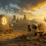 A large human skull lies in a desolate desert landscape at sunset beside a stone marked with a glowing Bitcoin symbol and branching digital network lines.