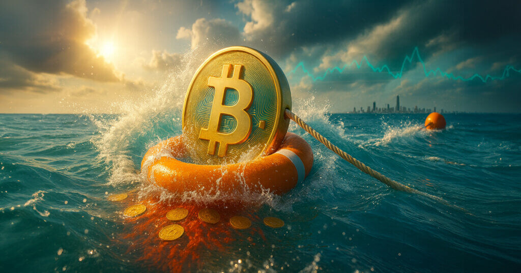 a golden Bitcoin wedged in an orange life ring at wave height as turquoise water explodes into sunlit spray, the taut rope leads toward a distant buoy and bright skyline, and sinking coins leave swirling trails of vivid red beneath the surface.