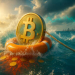 a golden Bitcoin wedged in an orange life ring at wave height as turquoise water explodes into sunlit spray, the taut rope leads toward a distant buoy and bright skyline, and sinking coins leave swirling trails of vivid red beneath the surface.