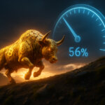 mountainside at dusk shows a gleaming golden bull made of Bitcoin emblems charging uphill under dramatic storm-lit clouds, while a translucent blue holographic gauge beside it points sharply down to symbolize fees sliding 56% YTD, all bathed in vivid warm-cool contrast and a soft cinematic glow.