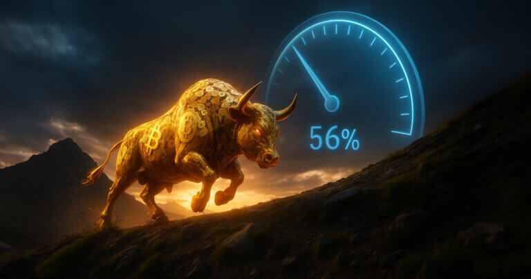 mountainside at dusk shows a gleaming golden bull made of Bitcoin emblems charging uphill under dramatic storm-lit clouds, while a translucent blue holographic gauge beside it points sharply down to symbolize fees sliding 56% YTD, all bathed in vivid warm-cool contrast and a soft cinematic glow.