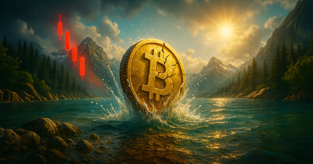 A cracked golden Bitcoin erupts from a teal alpine lake as a glowing red candlestick chart sits behind it at left-center, fading into the mountains under warm, cinematic sunlight.
