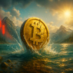 A cracked golden Bitcoin erupts from a teal alpine lake as a glowing red candlestick chart sits behind it at left-center, fading into the mountains under warm, cinematic sunlight.