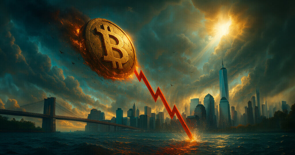 A flaming Bitcoin drags a jagged red line into churning water as towering teal-and-gold storm clouds split with radiant sunbeams over the Manhattan skyline and Brooklyn Bridge.