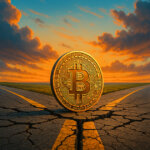 A massive Bitcoin stands at the center of a cracked asphalt crossroads under a vivid orange-blue sunset, symbolizing the choice between $92k and $79k directions.