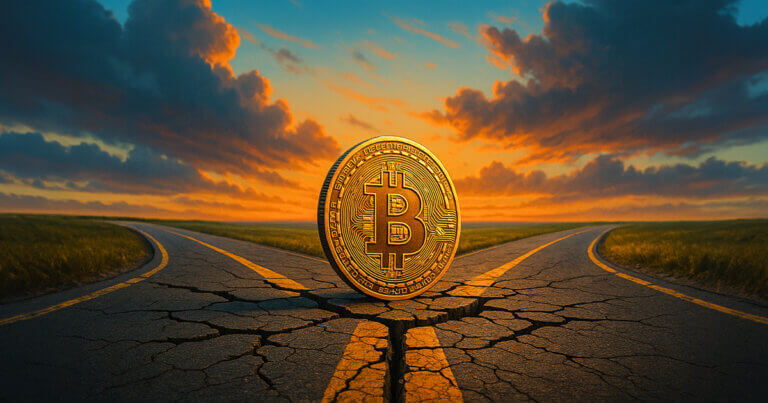A massive Bitcoin stands at the center of a cracked asphalt crossroads under a vivid orange-blue sunset, symbolizing the choice between $92k and $79k directions.
