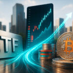 stacked silver Bitcoins, a brushed-metal ETF placard, and a bright teal liquidity stream sweeping toward an upward market chart against a crisp city skyline