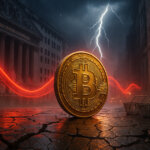 Wall Street stormscape shows a glowing Bitcoin on cracked, rain-slick stone as a luminous red wave sweeps behind the NYSE façade and lightning rips the sky, all bathed in dramatic, soft-glow lighting.