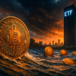 A raging river of glowing blue and orange water carries massive Bitcoin coins past a towering ETF skyscraper under a fiery sunset sky.