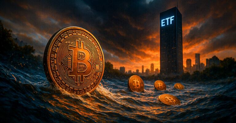 A raging river of glowing blue and orange water carries massive Bitcoin coins past a towering ETF skyscraper under a fiery sunset sky.
