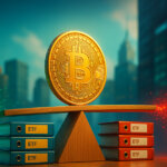 A large golden Bitcoin coin balances on a wooden seesaw between stacks of blue and red ETF binders, set against a bright city skyline with glowing green and red financial charts in the background.