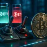 a metallic Bitcoin poised above a glowing cyan threshold between two oversized flip levers as ETF cylinders shift from red to green, all drenched in cool blue-teal light with a vibrant soft glow.