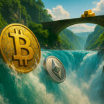 A dramatic cinematic scene shows oversized Bitcoin and Ethereum coins plunging over a roaring turquoise waterfall while cash and growth icons speed across a sunlit skybridge above.