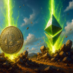 A dramatic scene shows giant Bitcoin and Ethereum symbols emerging from glowing green energy beams that crack the rocky ground beneath them, set against a bright sky and mountain landscape.