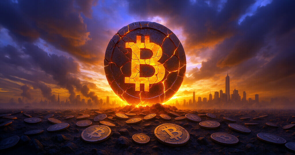 A colossal cracked Bitcoin glows like molten rock atop scattered coins as a blazing orange sky engulfs a distant city skyline in a dramatic symbol of extreme fear and massive liquidations.
