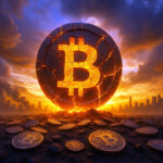 A colossal cracked Bitcoin glows like molten rock atop scattered coins as a blazing orange sky engulfs a distant city skyline in a dramatic symbol of extreme fear and massive liquidations.