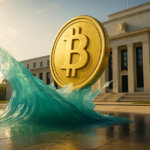 A low-angle, cinematic daylight view shows a monumental gold Bitcoin surging from a teal wave across a wet plaza with the neoclassical Federal Reserve building looming in the background.