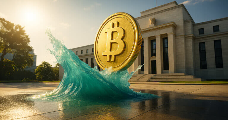 A low-angle, cinematic daylight view shows a monumental gold Bitcoin surging from a teal wave across a wet plaza with the neoclassical Federal Reserve building looming in the background.