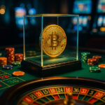 A hyperreal 16:9 scene of a brightly lit casino floor where a glowing golden Bitcoin sits inside a pristine glass display cube atop a vivid emerald roulette table, surrounded by richly colored chips and crisp card edges, with cool blue slot-machine bokeh in the background emphasizing Bitcoin as the ultimate prize.