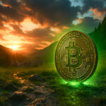 A glowing Bitcoin coin stands upright on a dewy forest path at sunrise, illuminated by a green aura as warm orange light breaks over distant hills, symbolizing shifting market signals.