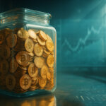 tabletop scene shows a massive glass jar packed with Bitcoins releasing only a few coins through a tiny spout onto a small brass scale, bathed in teal-gold soft glow to evoke a tightening float before a potential squeeze.