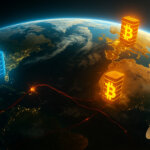 arth-from-space view with the day–night line glowing as three bright Bitcoin beacons hover over the Americas, Europe–Africa, and Asia while severed red undersea cables spark and satellites and dishes relay faint signals, dramatizing a partitioned but resilient network.