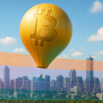 A giant matte-gold Bitcoin hot-air balloon slowly descends across a bright city skyline, passing through horizontal translucent bands of orange, purple, and teal that represent liquidity channels.