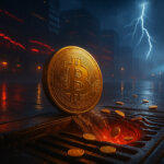 a giant gold Bitcoin tilting beside a rain-slick storm drain glowing red as lightning splits the sky and neon tickers reflect across wet pavement in a soft, cinematic haze.