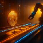 a warm golden key light with soft volumetric glow around the Bitcoin, cool blue rim accents on the robotic arm, and intensified LED rails for a dramatic, cinematic contrast.