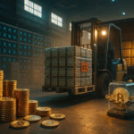 warehouse scene shows a forklift loading shrink-wrapped “BTC” pallets into a truck beside rows of glowing blue mining rigs, with gleaming coin stacks in the foreground and soft amber–teal light rays hinting at potential miner selling.