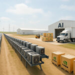 rows of crypto miners stretching toward solar panels, wind turbines, and power lines beside an AI warehouse with a Microsoft truck and NVIDIA crates under clear skies.