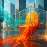 A bright city plaza features a cracked glass “fund” cube around a giant golden Bitcoin, spilling vivid red-orange liquid that streams across reflective stone while cool teal data currents sweep behind, symbolizing heavy outflows.