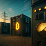 modular Bitcoin mining containers beside high-voltage pylons, with a glowing control gauge in the foreground and soft teal-gold light suggesting responsive load shifting across the grid.