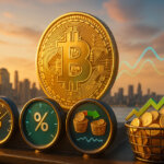 Bitcoin flanked by three brass gauges—a dollar index dial, a real-yield percent meter, and an ETF flow/basis indicator—while a basket of coins and an ascending arrow glow under dramatic soft light.