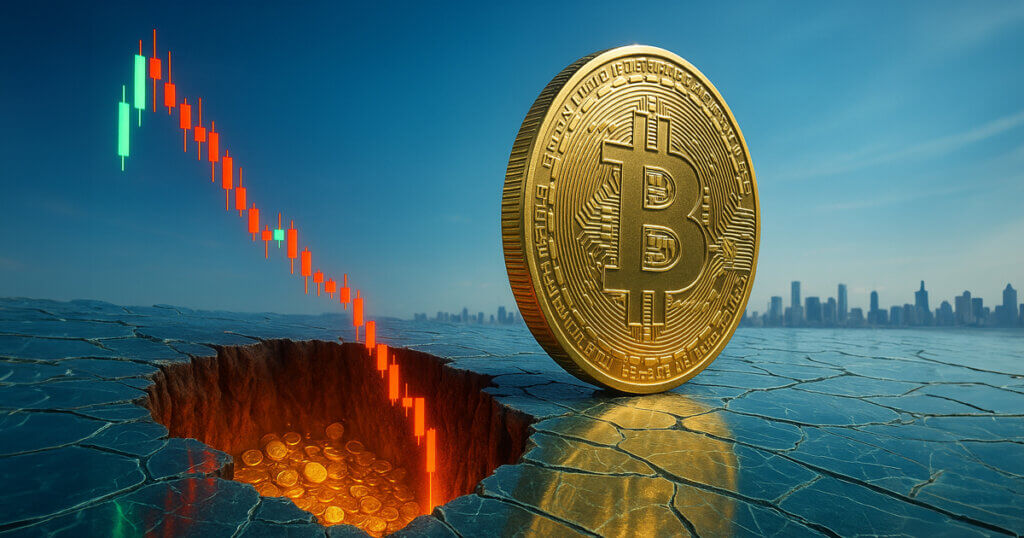 a giant golden Bitcoin standing on a cracked glass-like surface under clear blue daylight, while a vivid red-and-green downward candlestick chart plunges into a glowing coin-filled chasm against a distant, softly blurred city skyline.