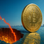 a giant golden Bitcoin standing on a cracked glass-like surface under clear blue daylight, while a vivid red-and-green downward candlestick chart plunges into a glowing coin-filled chasm against a distant, softly blurred city skyline.