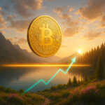 a gleaming Bitcoin hovering over a mountain lake at sunrise as a teal upward trend line meets a bright golden resistance band across the horizon.