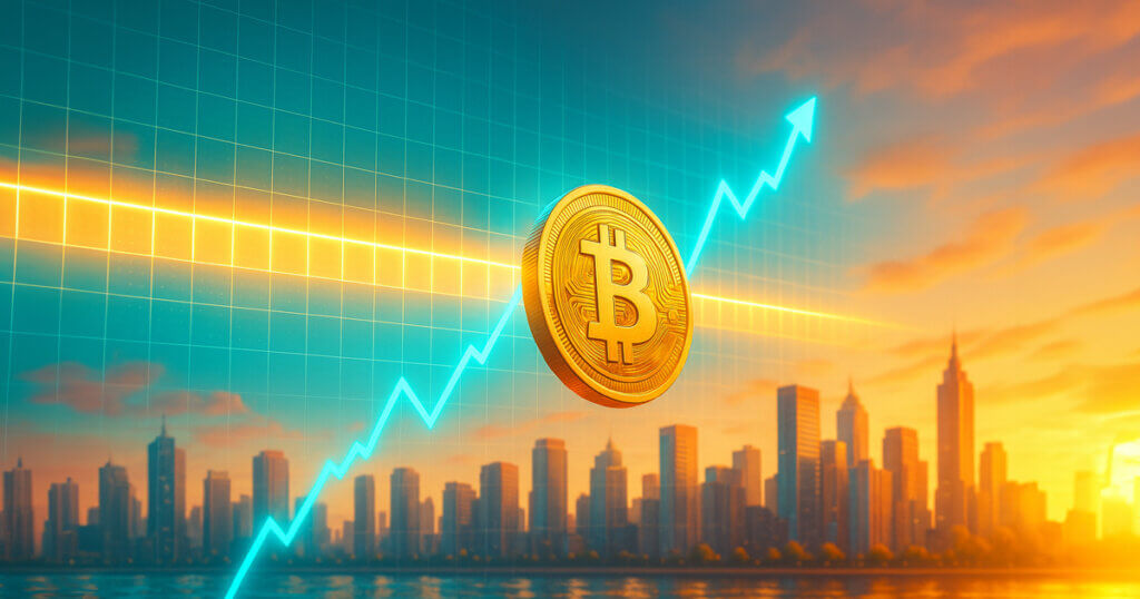 A large golden Bitcoin rises toward a glowing resistance line on a luminous blue and orange chart set against a vibrant city skyline at sunset.