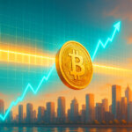 A large golden Bitcoin rises toward a glowing resistance line on a luminous blue and orange chart set against a vibrant city skyline at sunset.