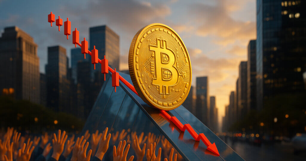 Bitcoin sliding down a glass incline aligned with red bearish candlesticks while outstretched hands reach up beneath a sunlit city skyline, highlighting the paradox of eager buyers amid a falling market.
