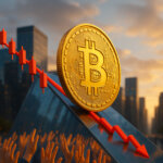 Bitcoin sliding down a glass incline aligned with red bearish candlesticks while outstretched hands reach up beneath a sunlit city skyline, highlighting the paradox of eager buyers amid a falling market.