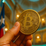A hand holds up a gold Bitcoin coin inside a grand building with warm lighting and a Texas flag visible in the background.
