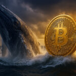 A massive whale breaches from stormy ocean waves beside a giant glowing Bitcoin coin at sunset.