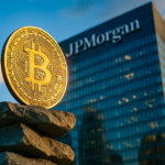 A large golden Bitcoin coin stands on a stack of rocks in front of the JPMorgan headquarters building at sunset.