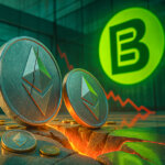 Cracked Ethereum coins tilt into a glowing fissure on a glass trading floor as a vivid red downtrend line and the neon-green BitMine logo glow on the wall behind.