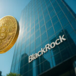 A low, ground-up view shows a gleaming golden Bitcoin floating before BlackRock’s towering glass facade under bright blue sky with crisp reflections and vivid greenery.