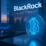 a cool-toned BlackRock trading floor overlooking a bright city skyline, where a luminous silver-blue Bitcoin emblem glows with vibrant soft teal and magenta accents amid sleek monitors showing upward trends