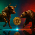 a hyper-realistic bronze bull and bear facing off across a glowing threshold line, with a gleaming Bitcoin coin hovering between green and red light to symbolize a decisive retest.