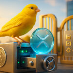 A bright yellow canary perches on a partially opened mini safe revealing a glowing glass XRP coin, while a gilded gate stands ajar and a checklist icon shows one green check and two pending gears against a sunlit city backdrop.